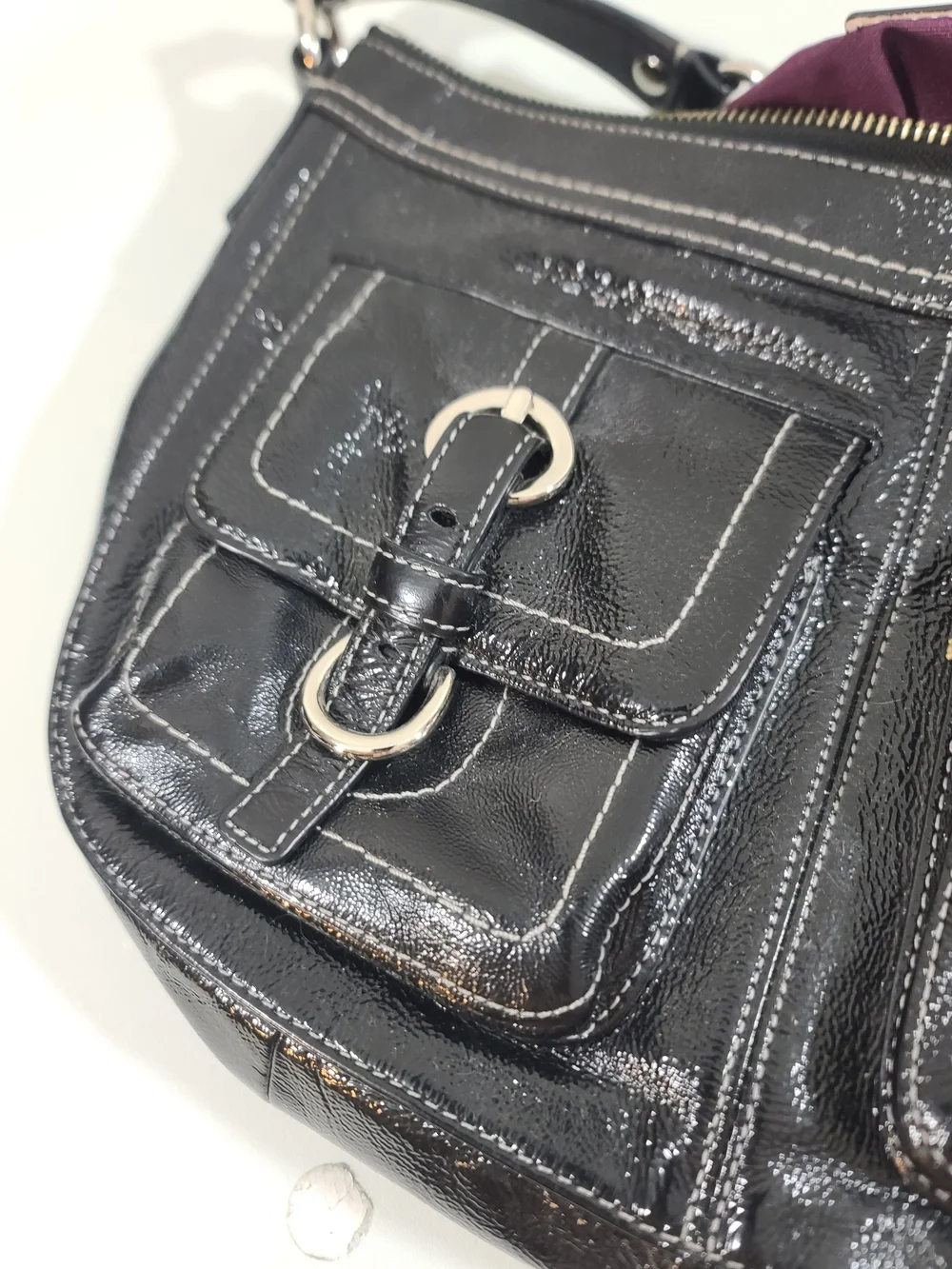 Coach Vintage Black Patent Leather Hobo Shoulder Bag with Silver Hardware